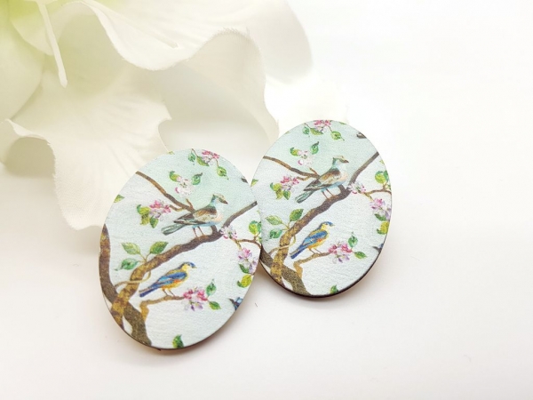 Große, ovale Holz Ohrstecker Vögel